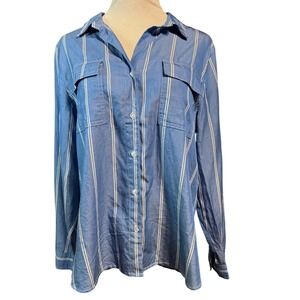 Velvet Heart Womens Large Blue White Striped Tencel Button Down Shirt Boho L
